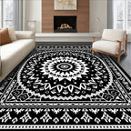 Black White Geometric Sunburst Mandala Rug