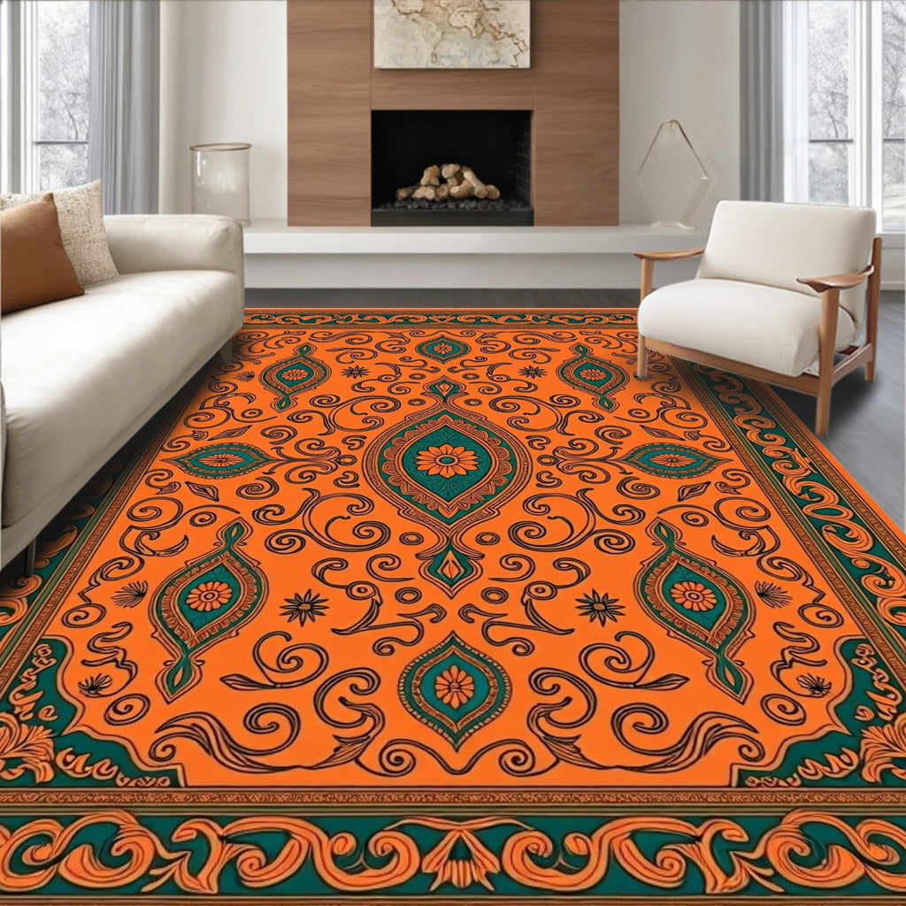 Vibrant Orange Teal Medallion Swirls Rug