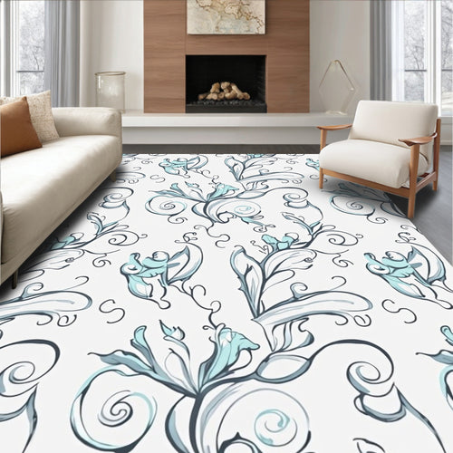 Aqua Floral Scrollwork Swirls Rug