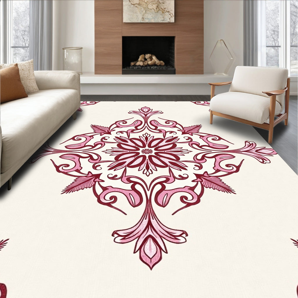 Rich Rose Petal Damask Medallion Rug
