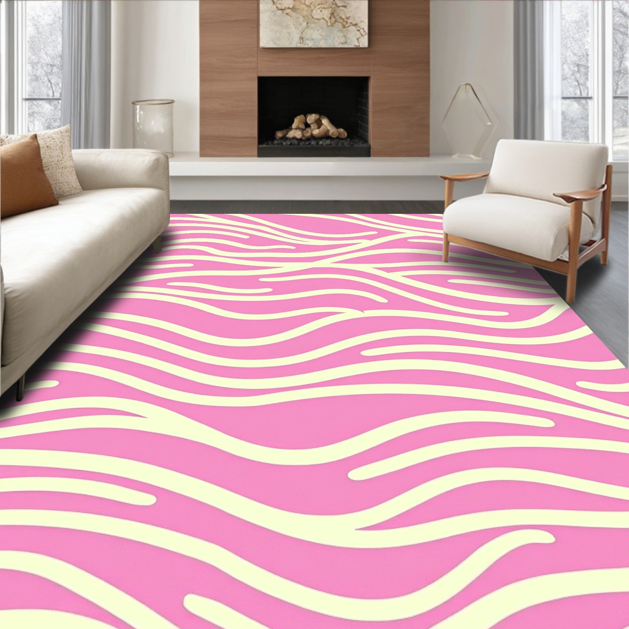 Pink Cream Wavy Stripe Rug