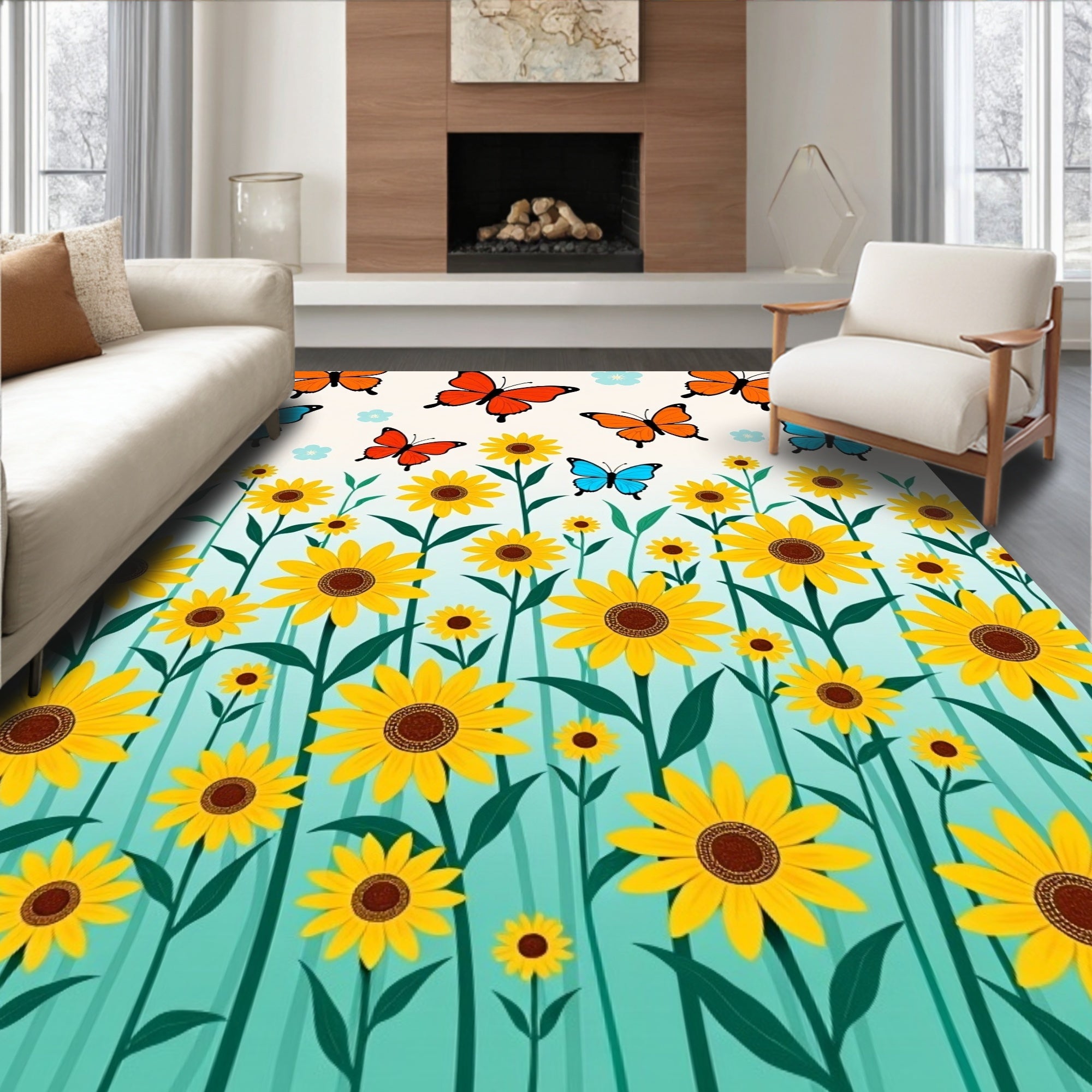 Yellow Sunflowers with Blue Orange Butterflies Rug