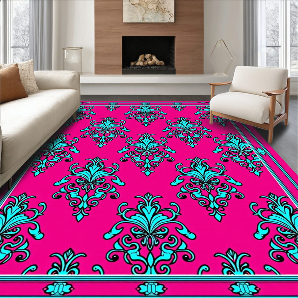 Vibrant Pink Turquoise Damask Scroll Rug