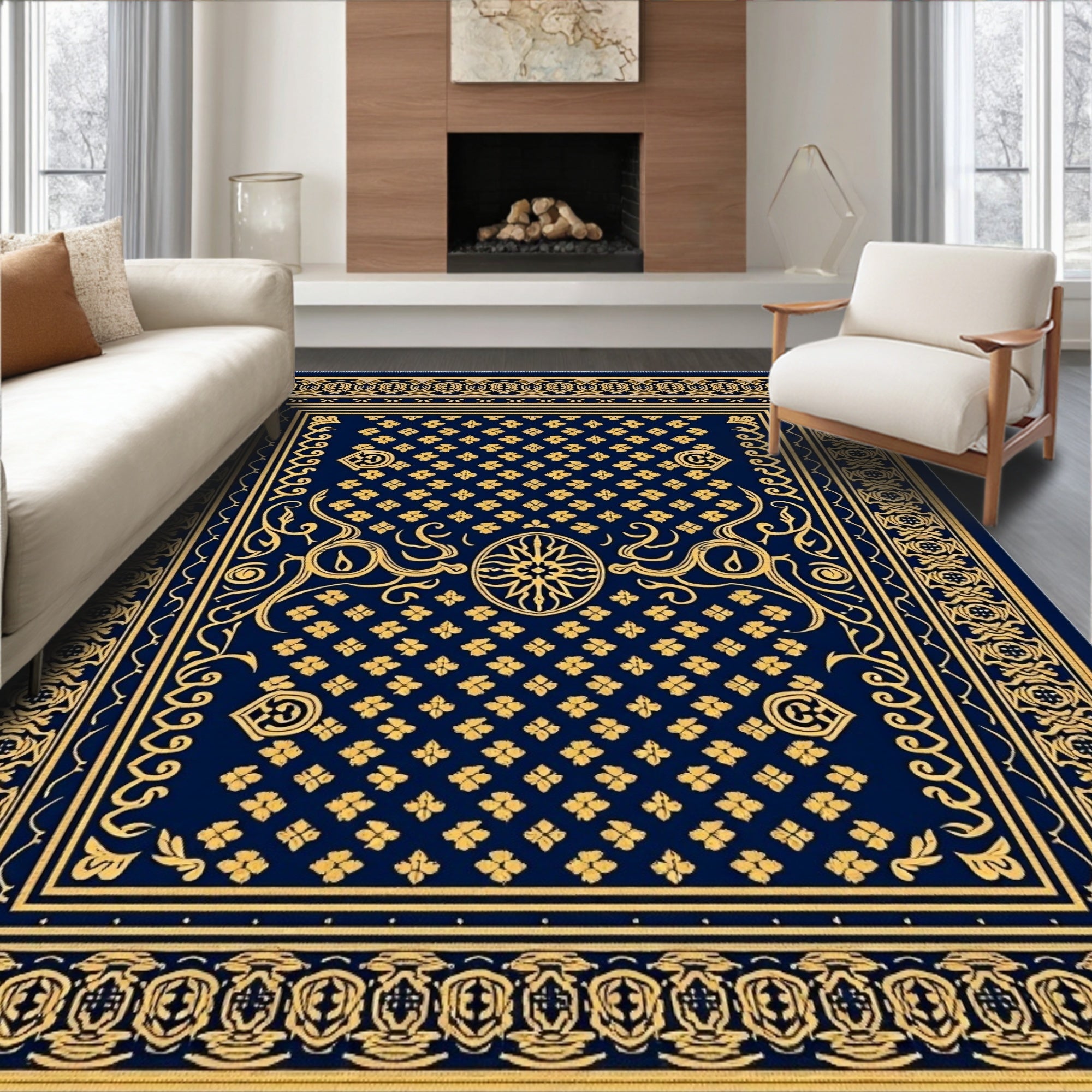 Golden Floral Medallion Navy Rug