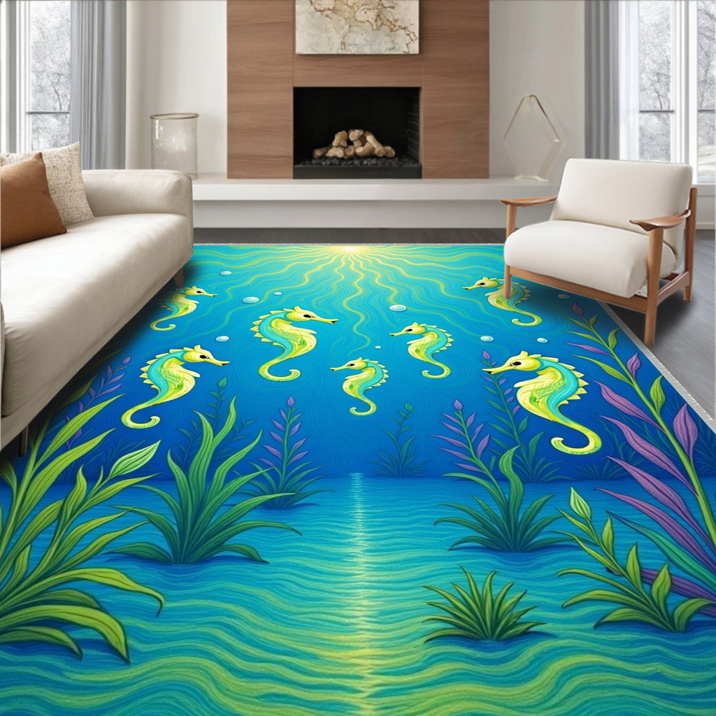 Ocean Blue Seahorse Swirl Underwater Life Rug