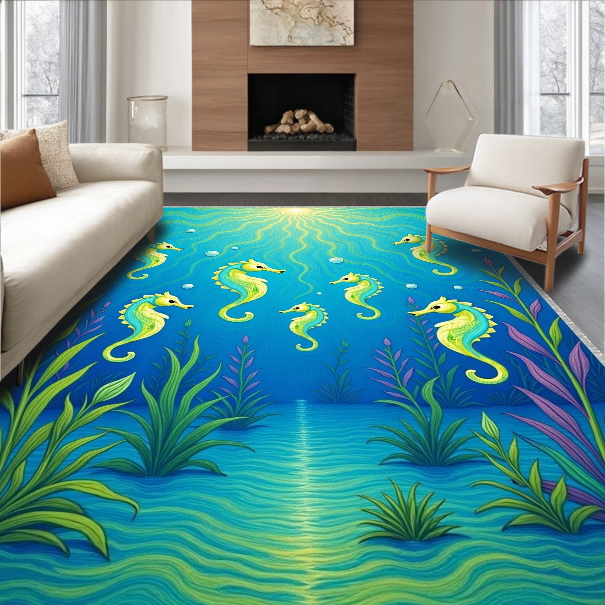 Ocean Blue Seahorse Swirl Underwater Life Rug