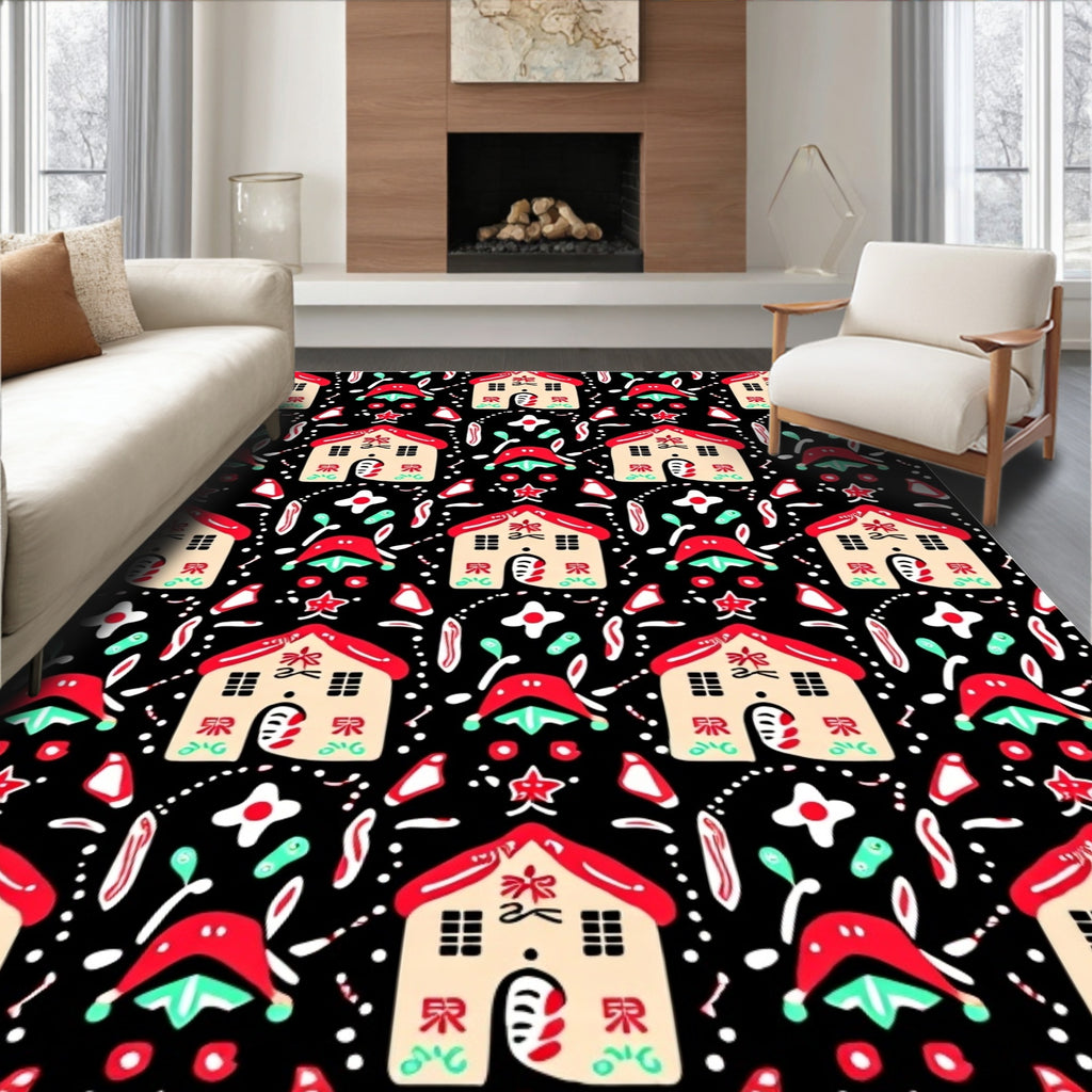 Whimsical Red Roof Gingerbread Houses Rug