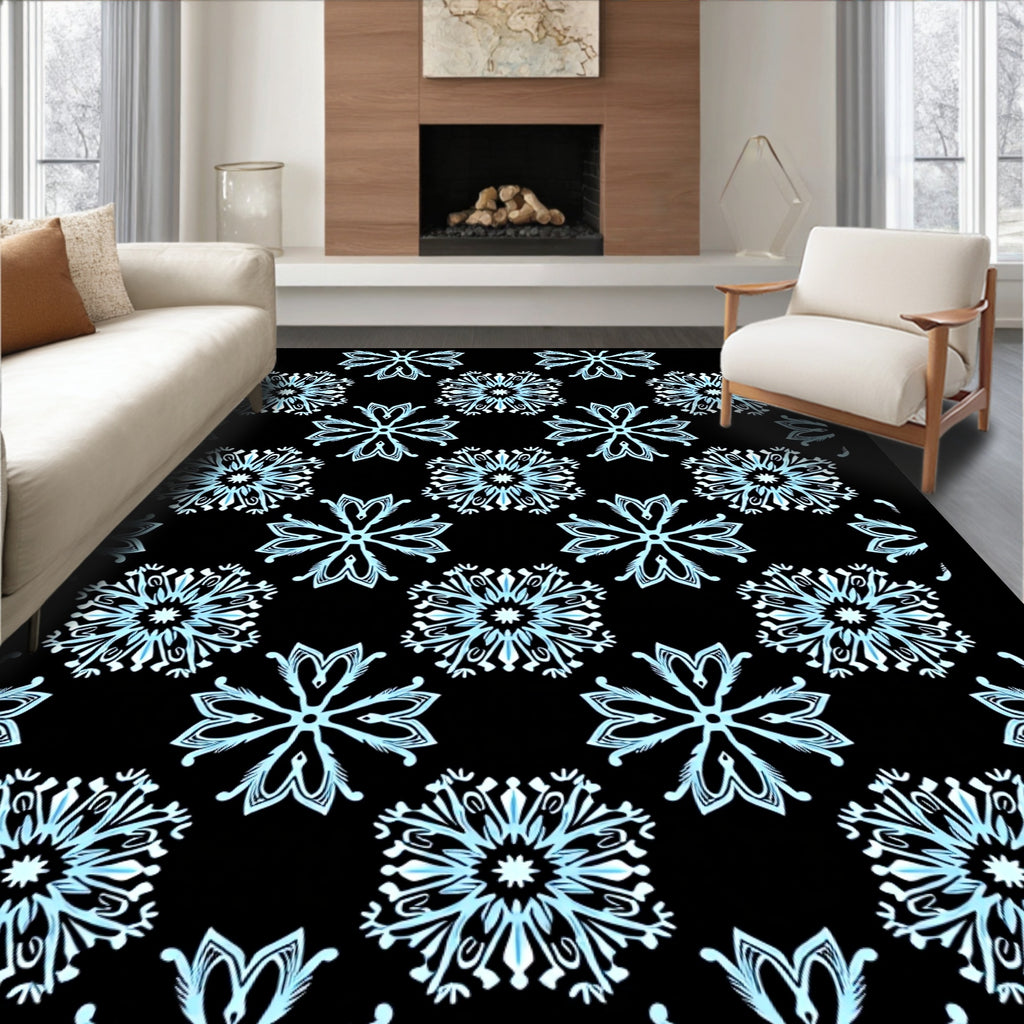 Light Blue Snowflake Repeat Black Rug