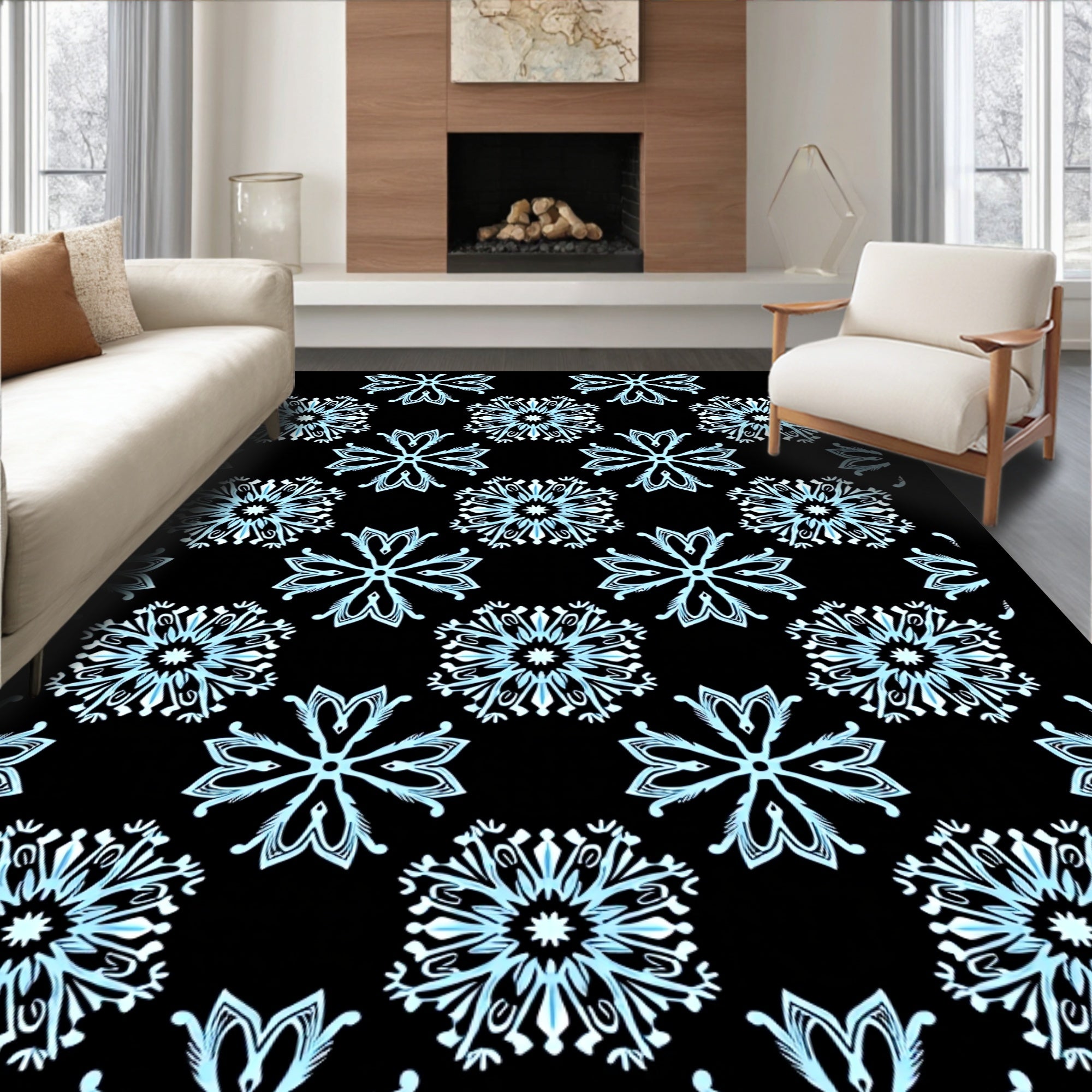 Light Blue Snowflake Repeat Black Rug