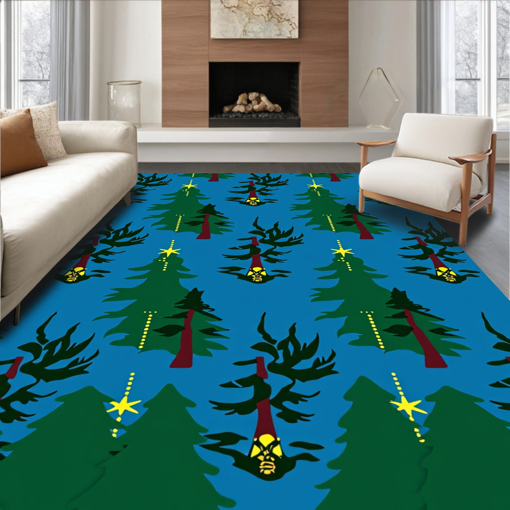 Green Christmas Trees Yellow Stars Latern Rug