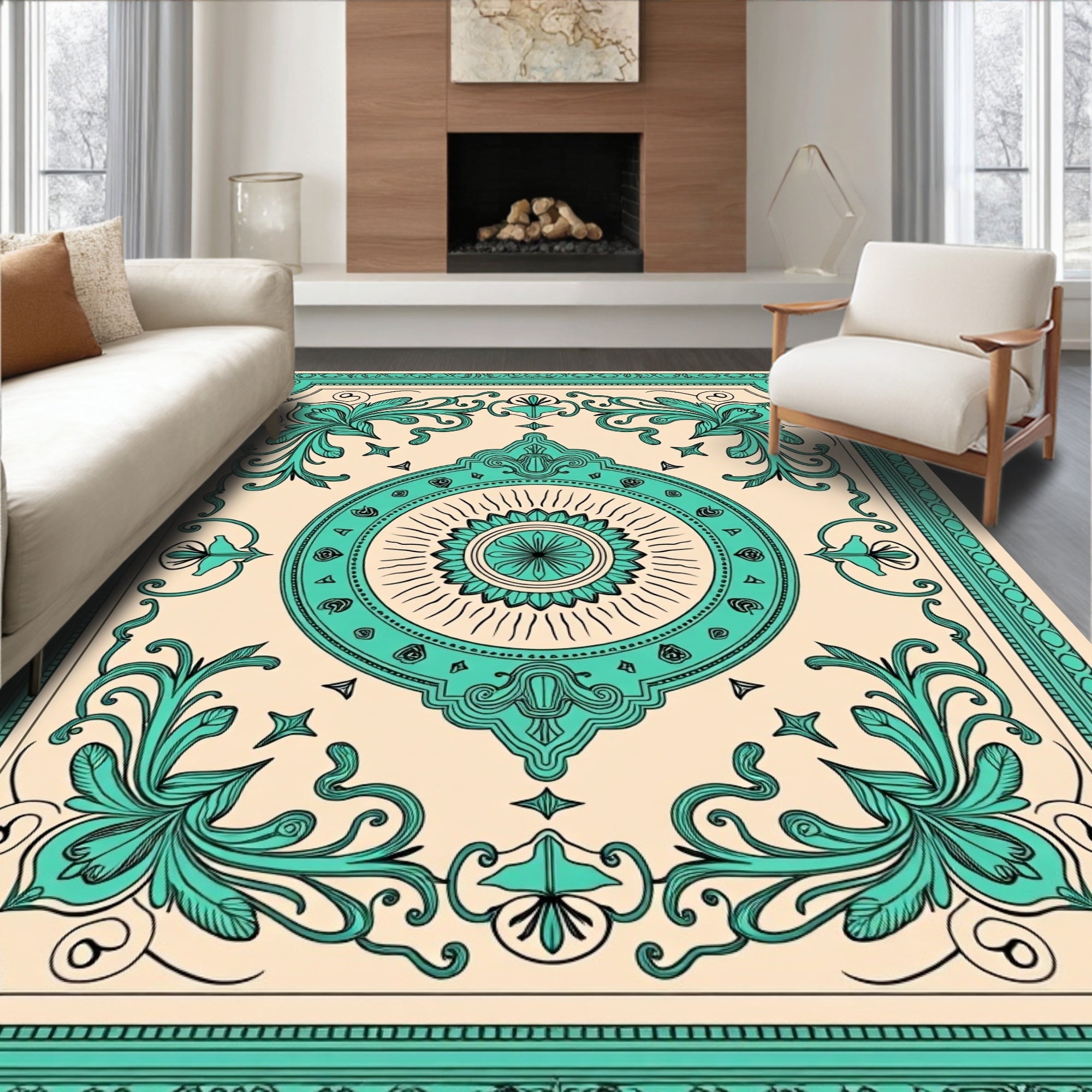 Teal Floral Sunburst Medallion Rug