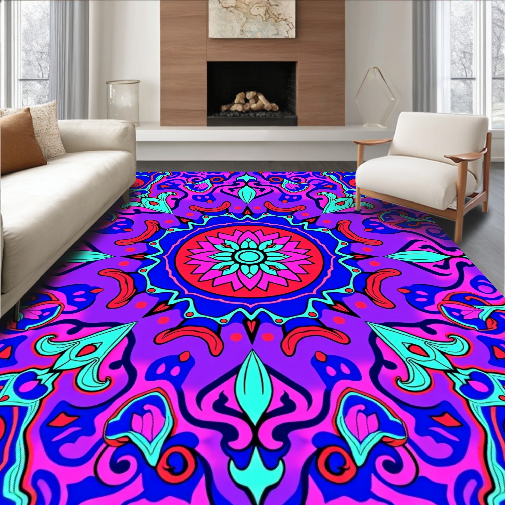 Radiant Magenta Teal Flower Psychedelic Rug