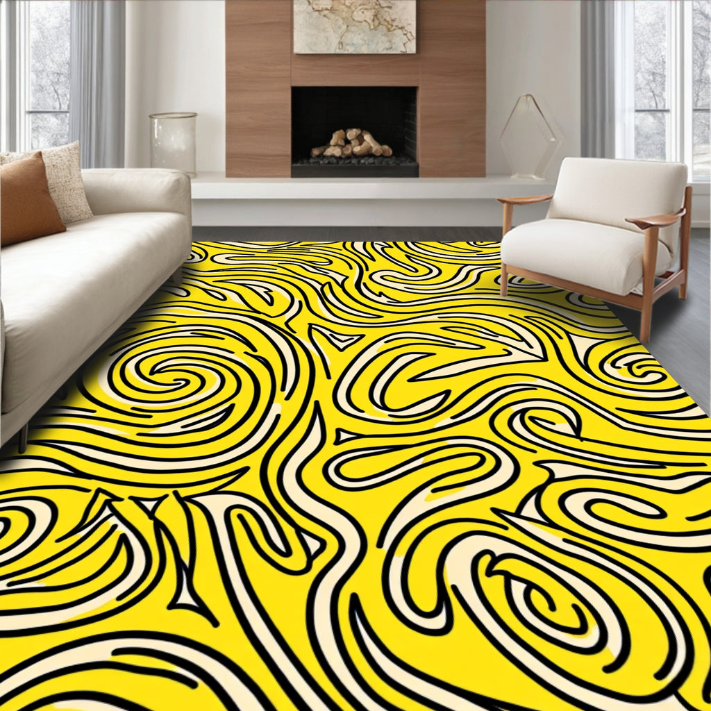Vibrant Yellow Swirl Flow Rug
