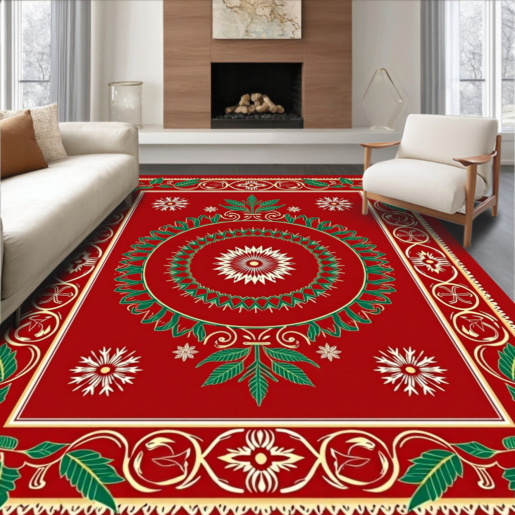 Rich Crimson Green Leaf Symmetrical Art Rug