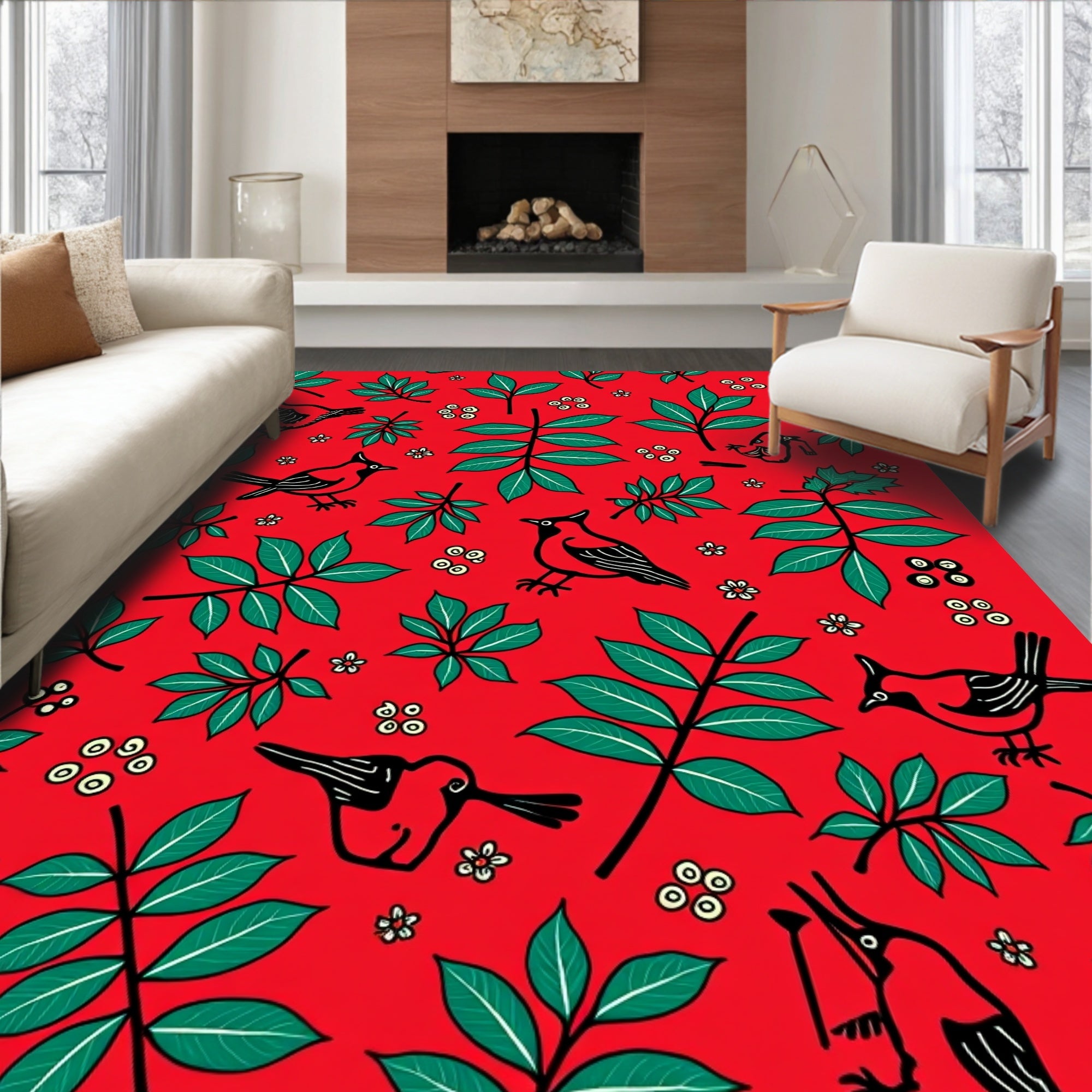 Red Birds and Green Foliage Rug