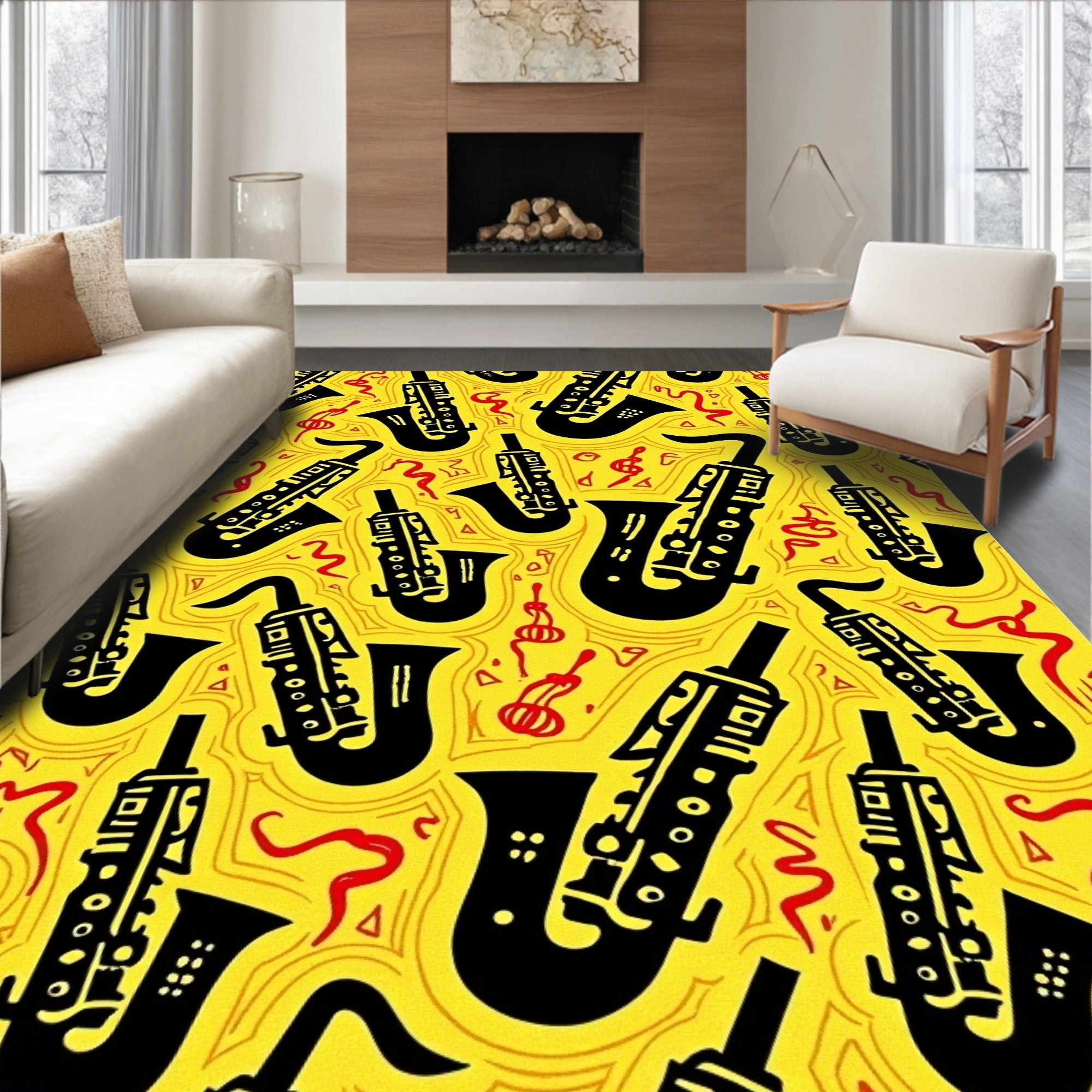Yellow Black Saxophone Abstract Musical Rug