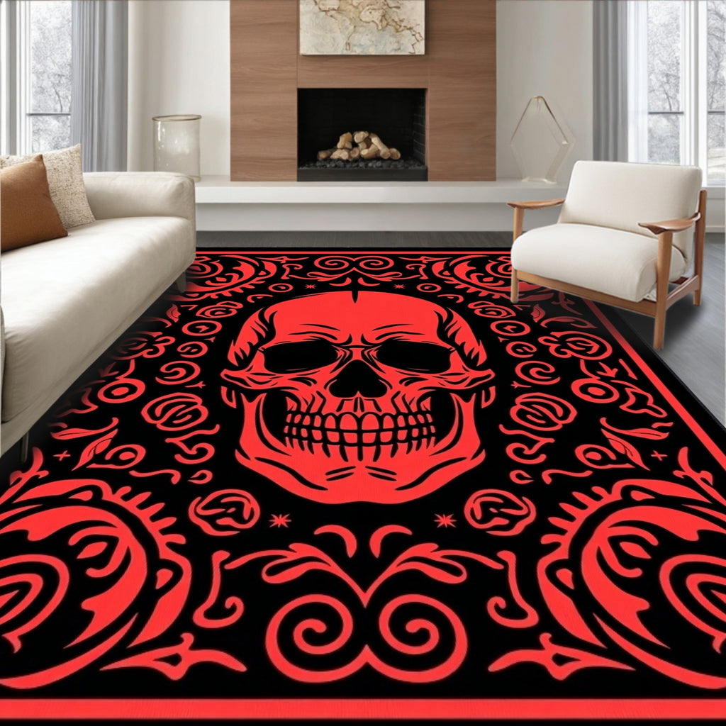 Crimson Skull Floral Baroque Rug