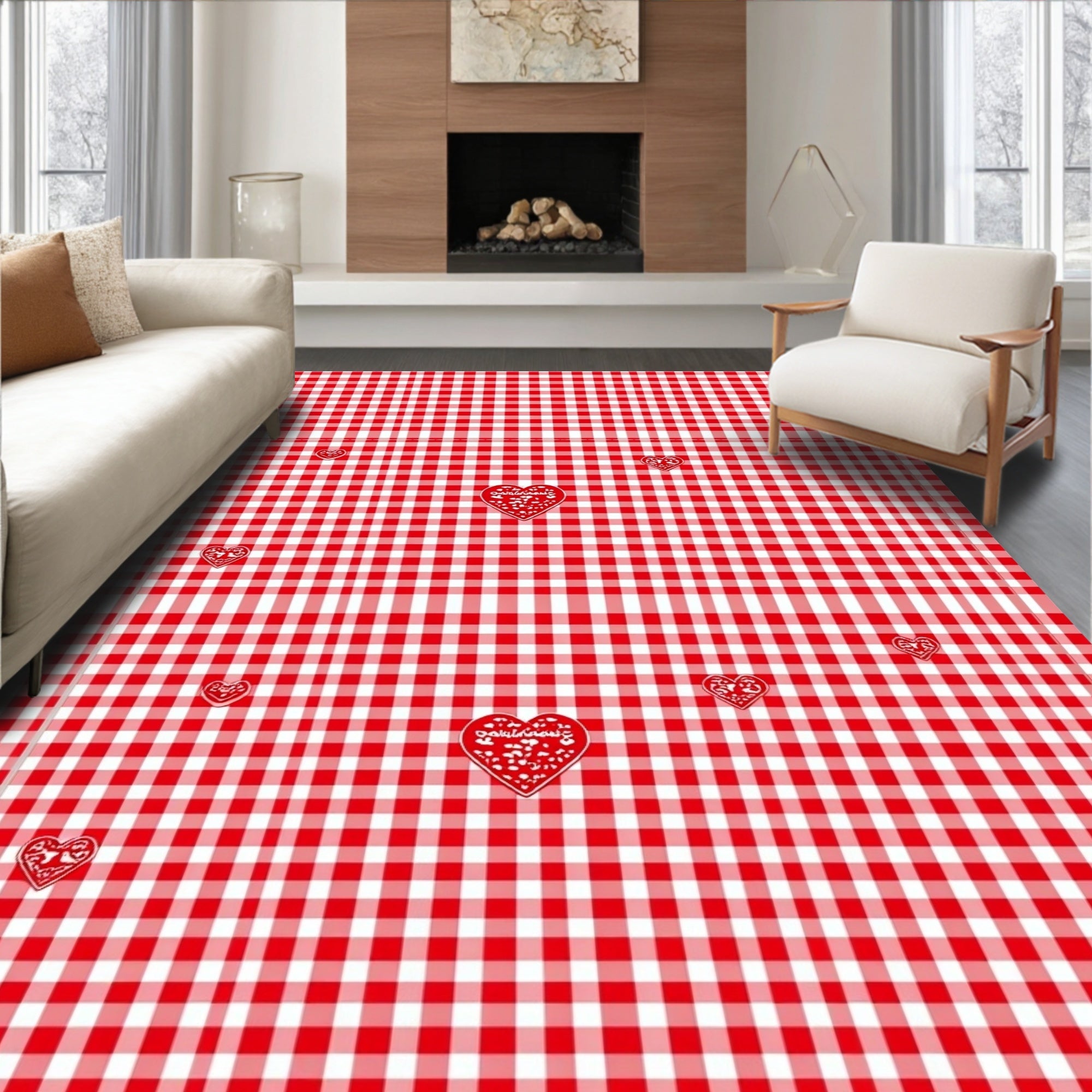 Red White Gingham Heart Scatter Rug