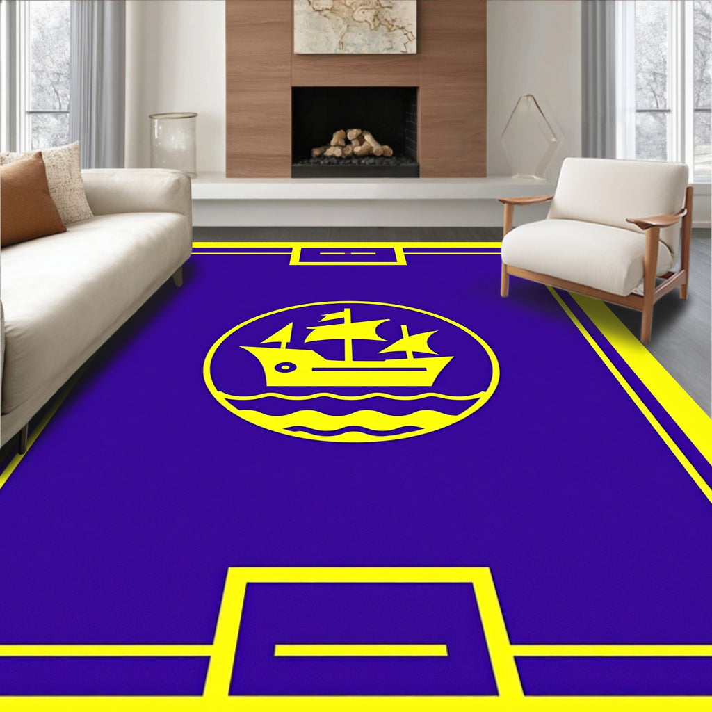 Royal Blue Yellow Sailing Ship Emblem Rug