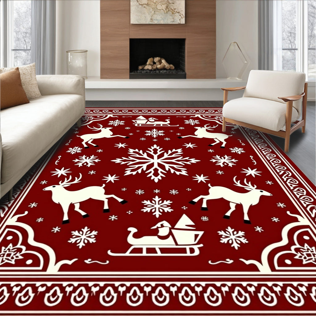 Deep Red Flying Reindeer Sleigh Snowflakes Rug