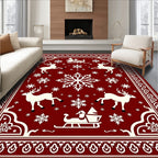 Deep Red Flying Reindeer Sleigh Snowflakes Rug