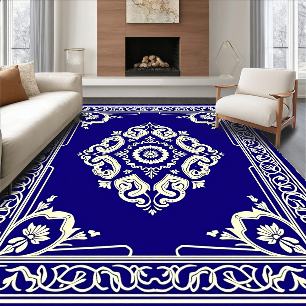 Royal Blue Floral Medallion Border Rug