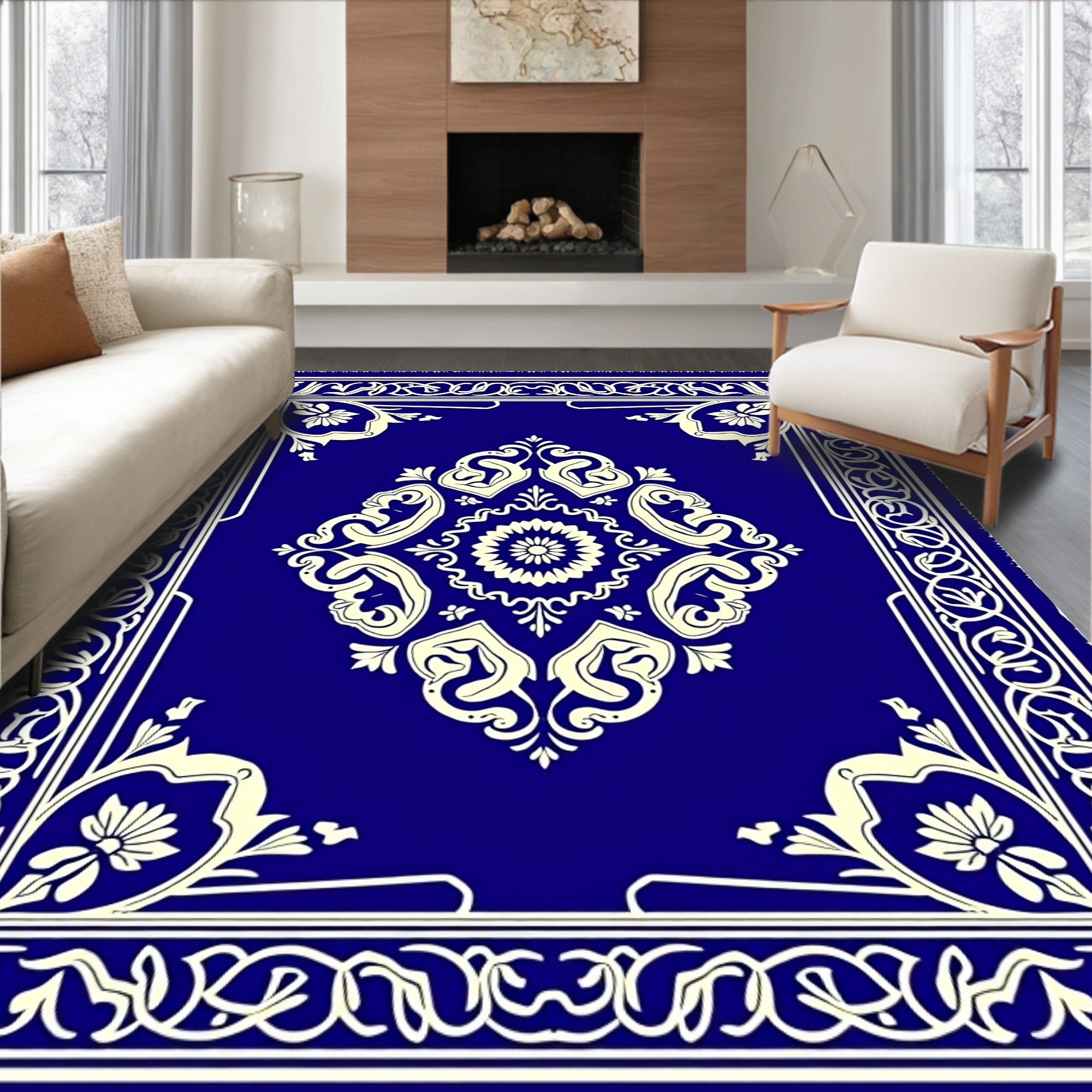 Royal Blue Floral Medallion Border Rug