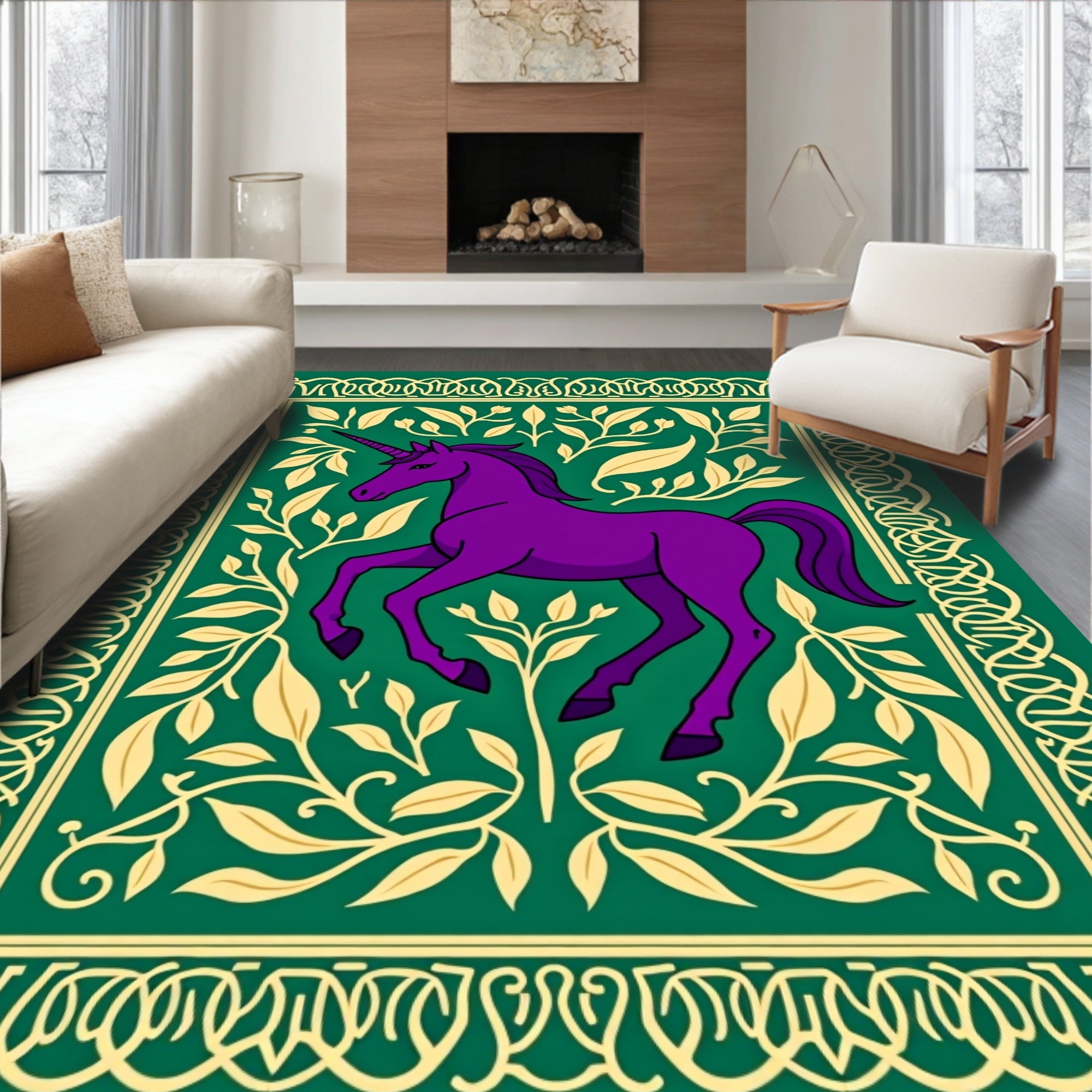 Enchanted Purple Unicorn Floral Border Rug