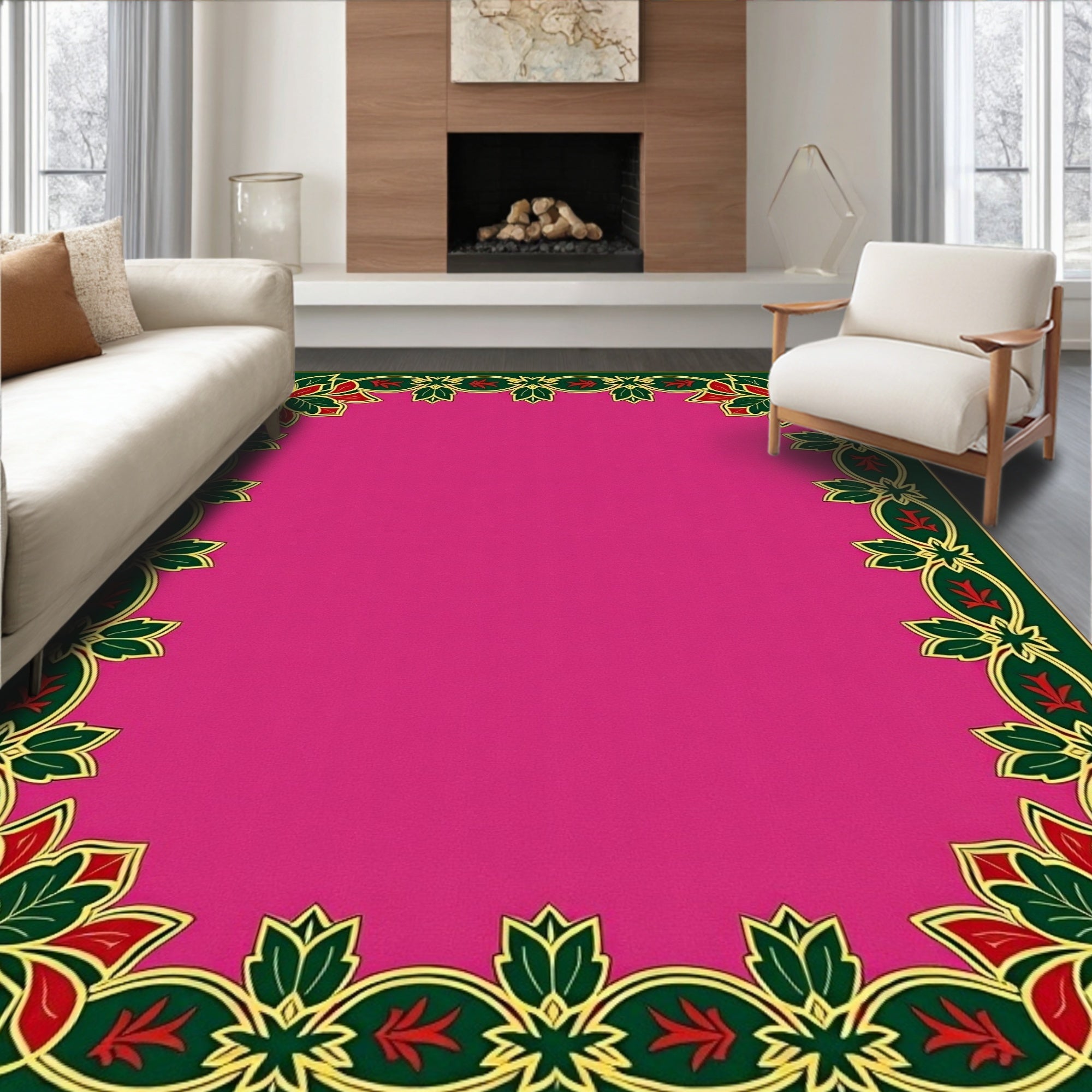 Crimson Green Floral Bordered Magenta Rug