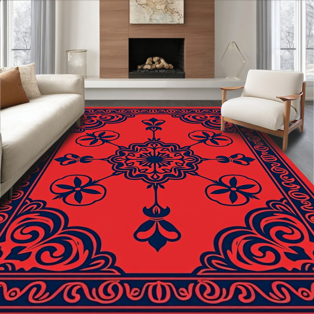 Crimson Navy Floral Medallion Border Rug