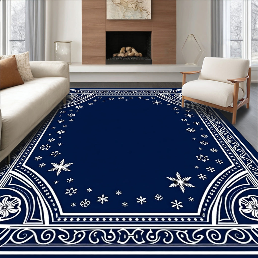 Navy Blue Snowflake Border Rug
