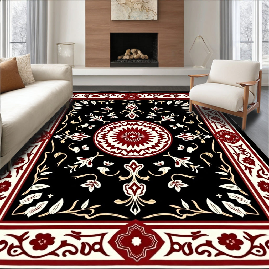 Crimson Floral Medallion Black Rug