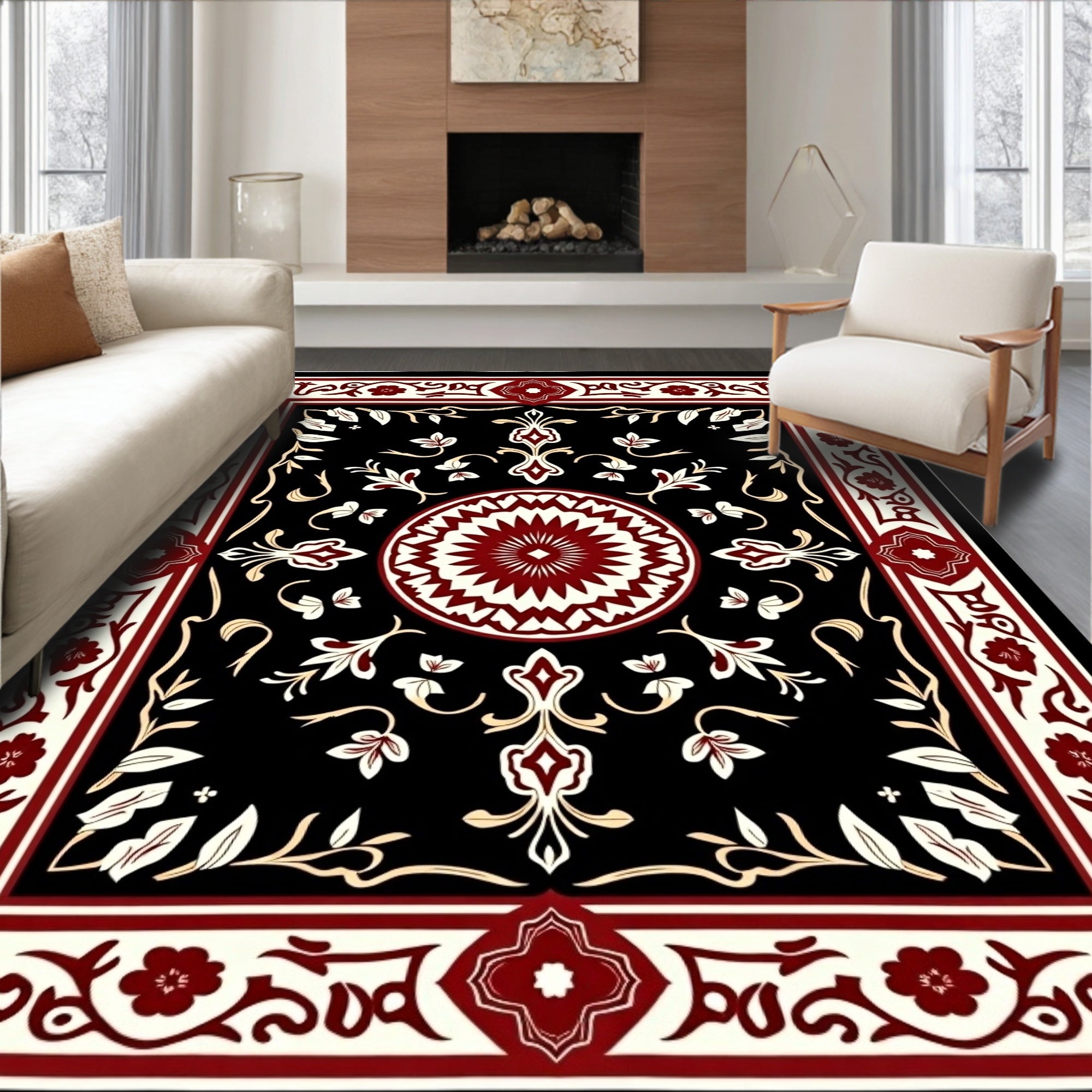 Crimson Floral Medallion Black Rug