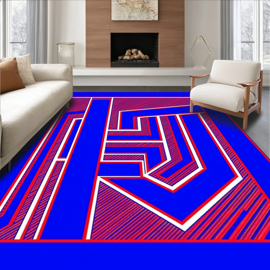 Bold Blue Red Geometric Maze Rug