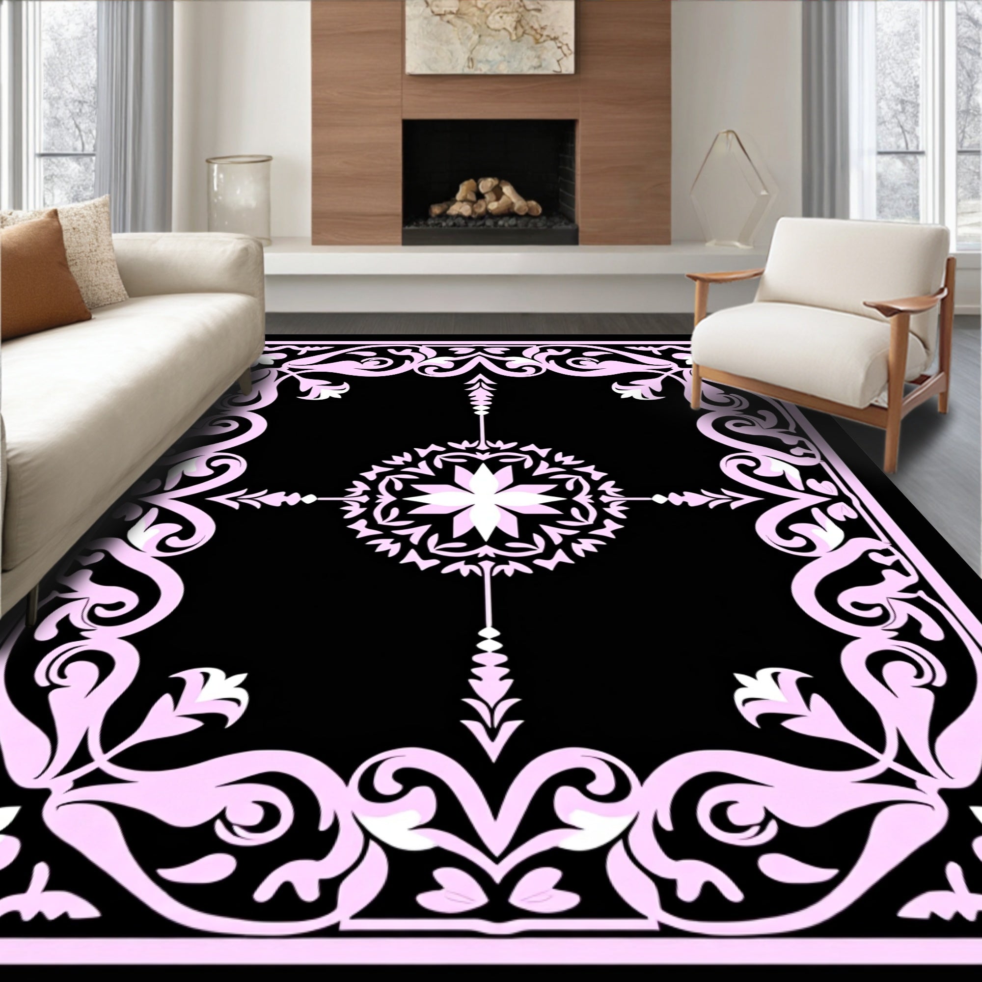 Ornate Pink Floral Centerpiece Frame Rug
