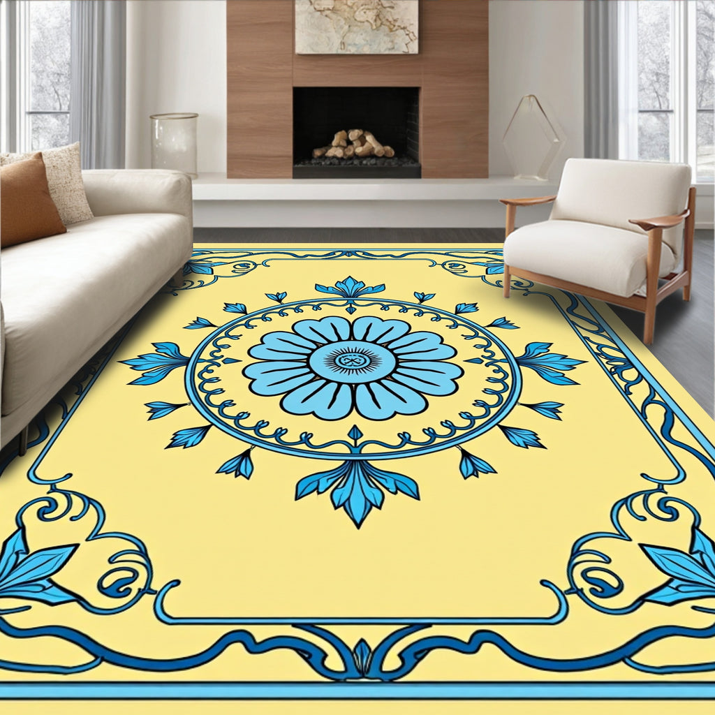 Azure Art Nouveau Floral Panel Rug