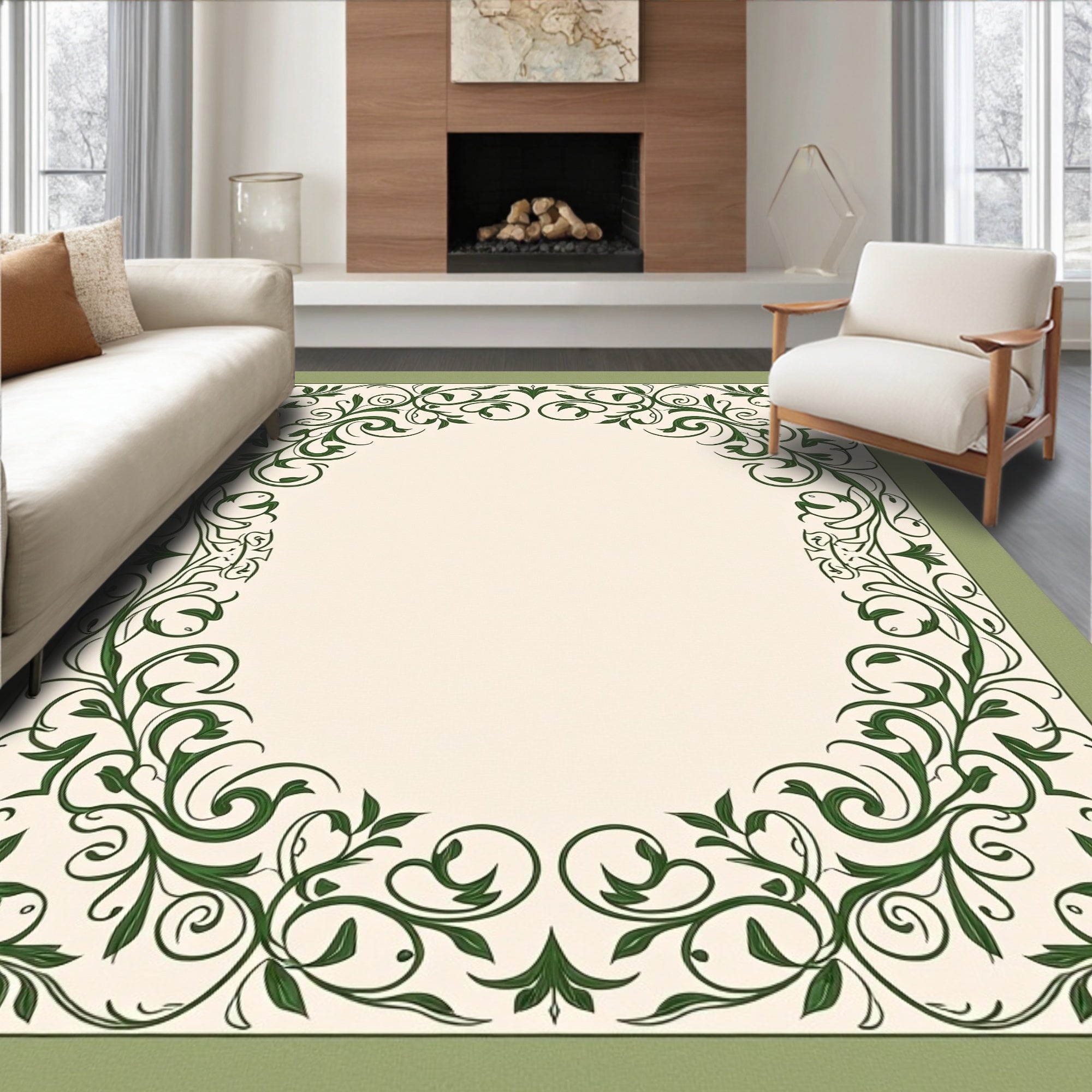 Green Vine Scrollwork Border Rug