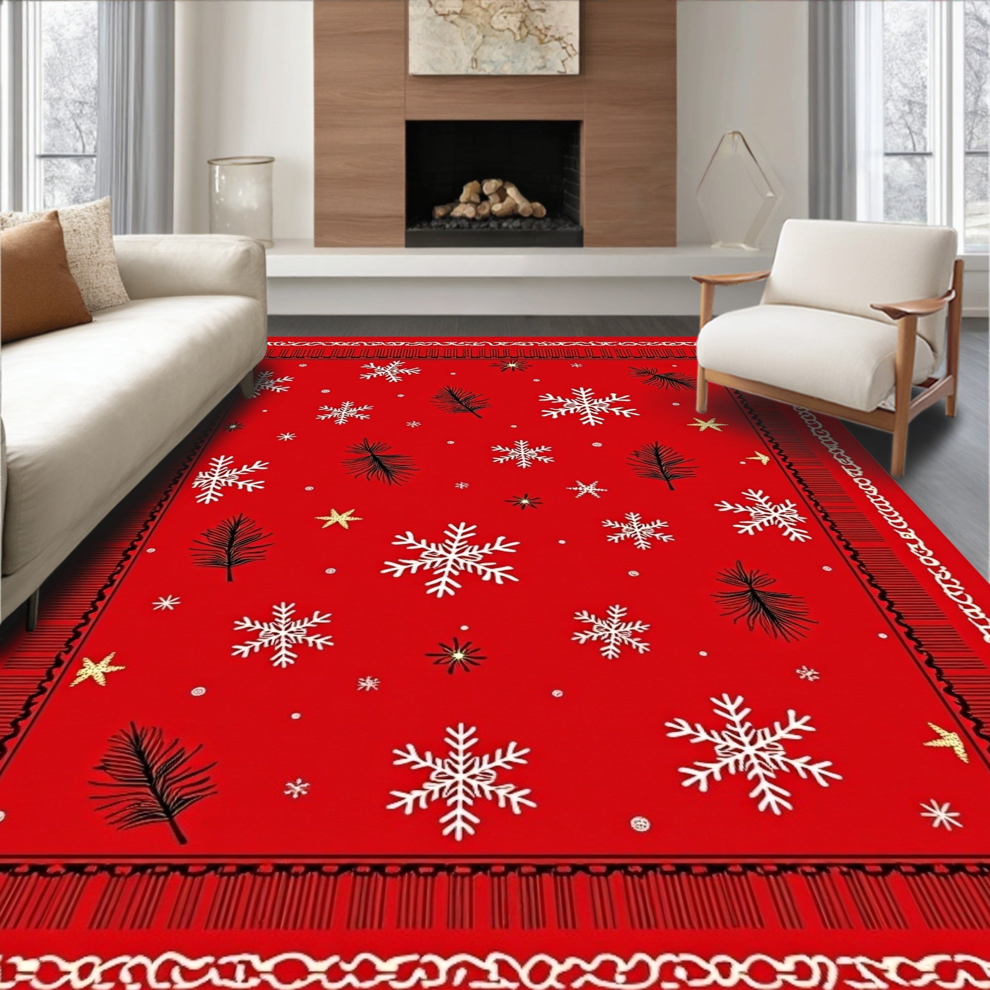 Crimson Snowflake Pinecone Winter Rug