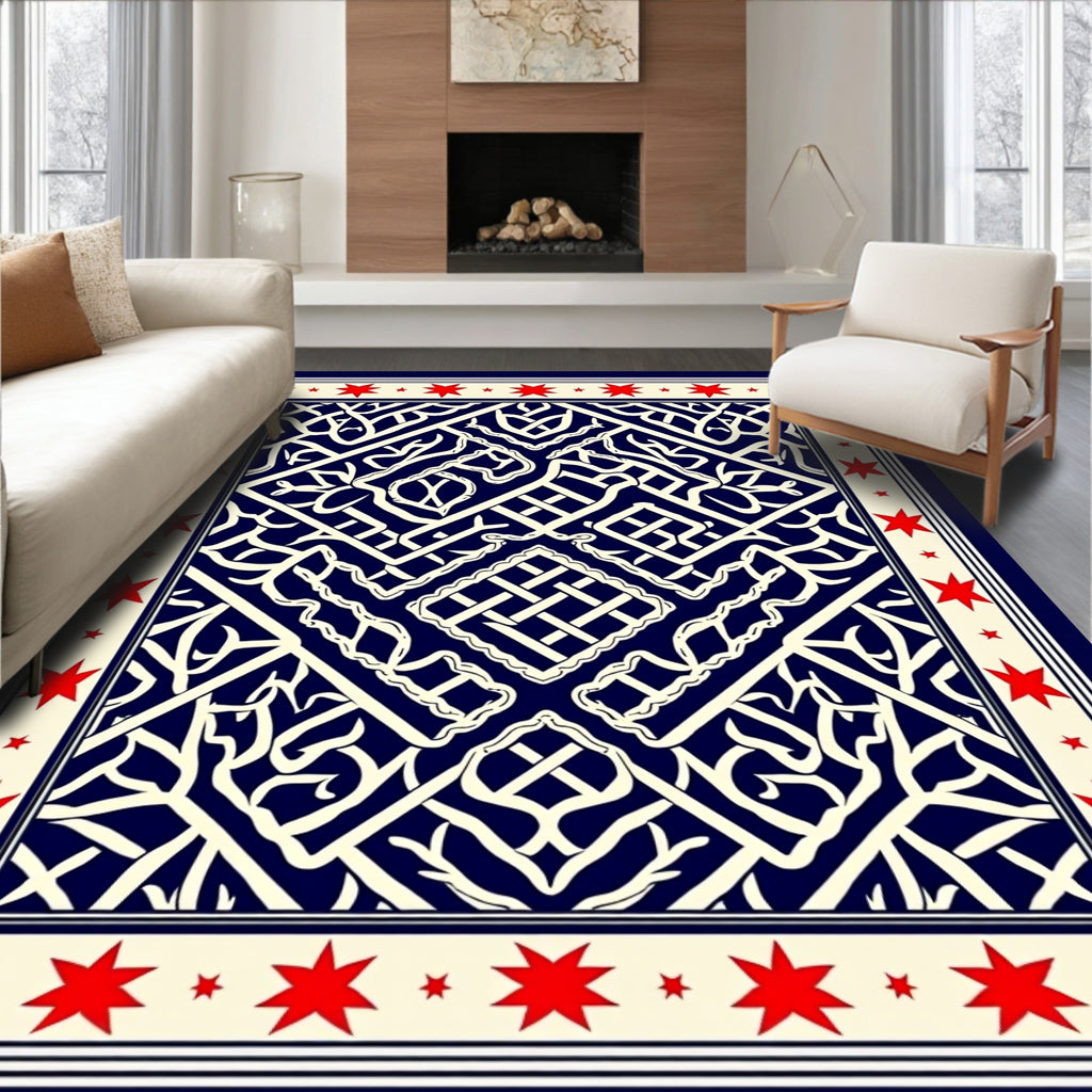 Navy Red Cream Interlocking Geometric Stars Rug