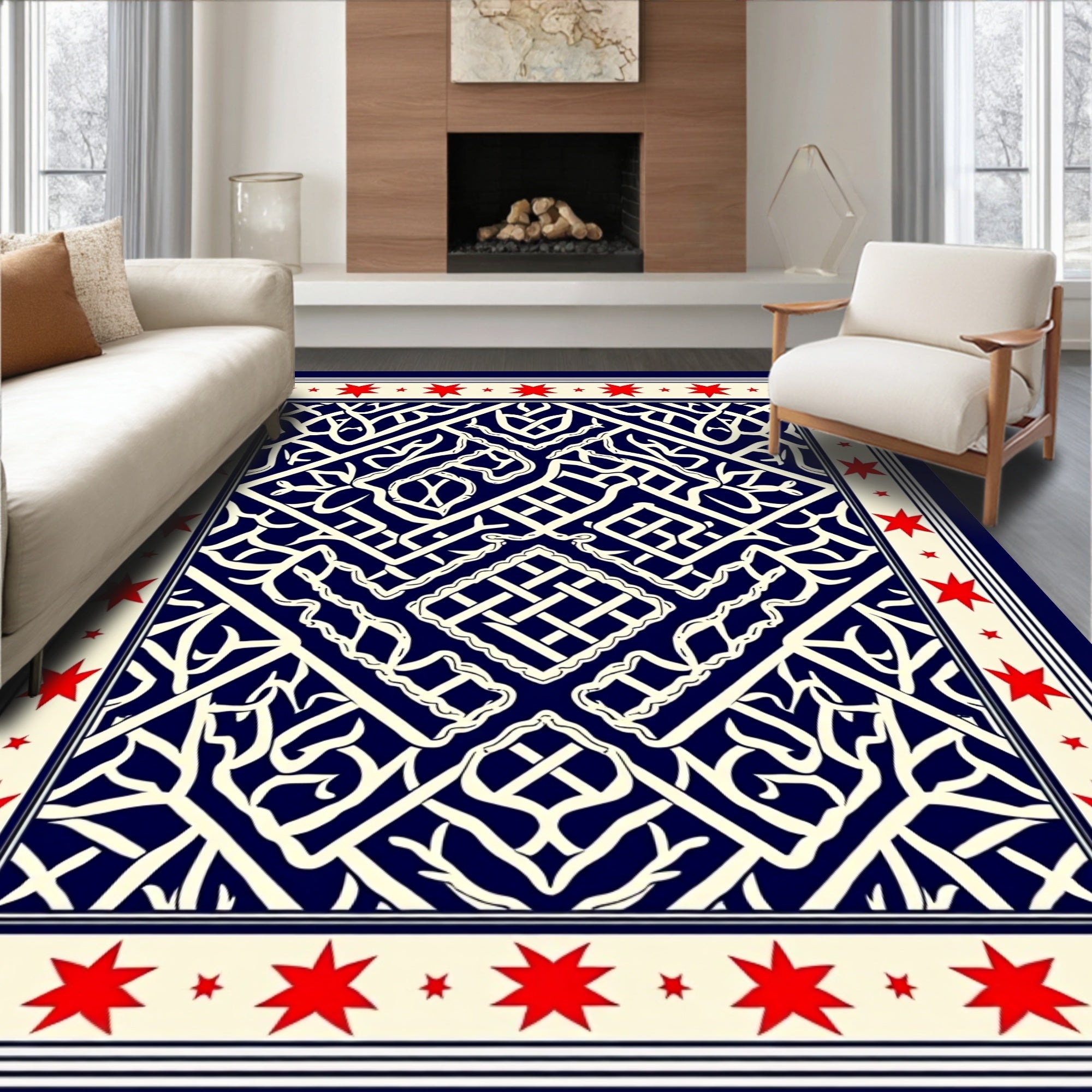 Navy Red Cream Interlocking Geometric Stars Rug