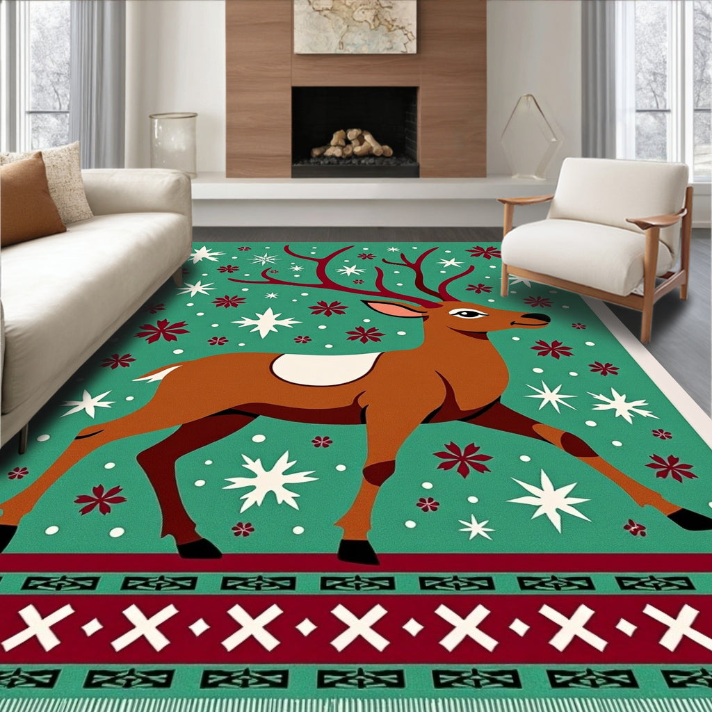 Christmas Reindeer Snowflakes Festive Border Rug