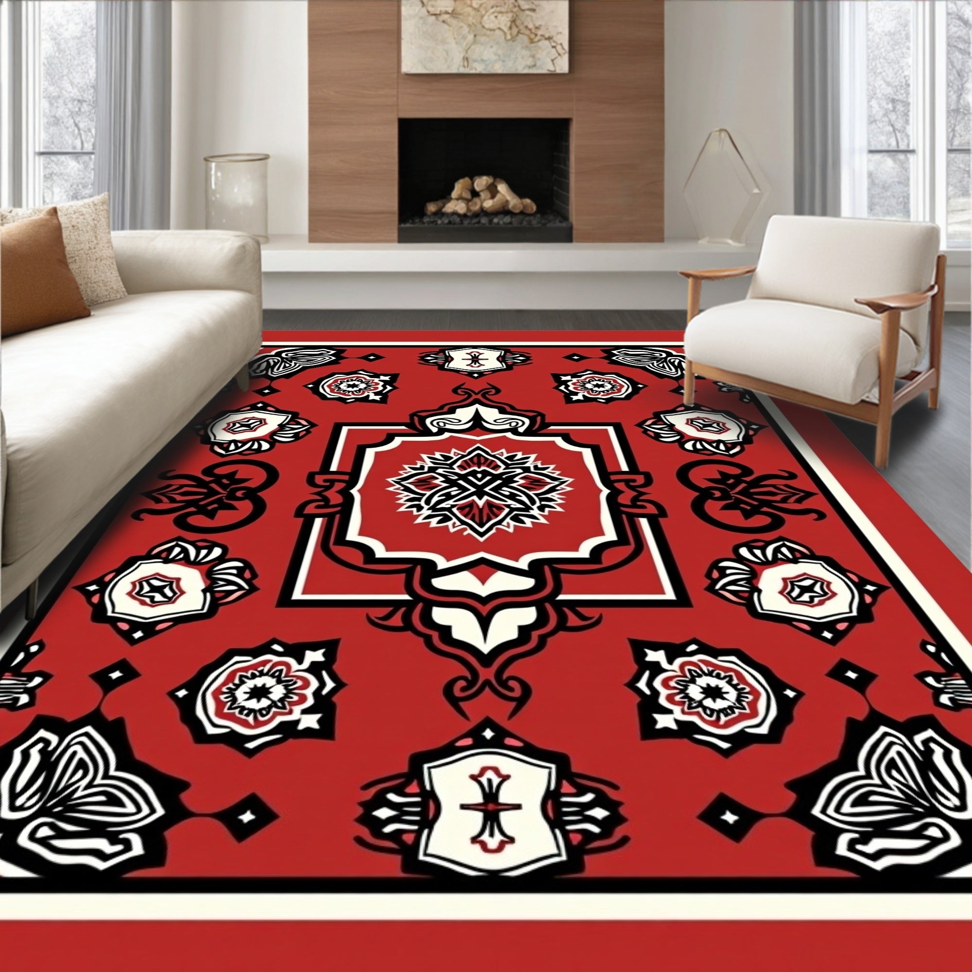 Bold Red Floral Crest Medallion Rug