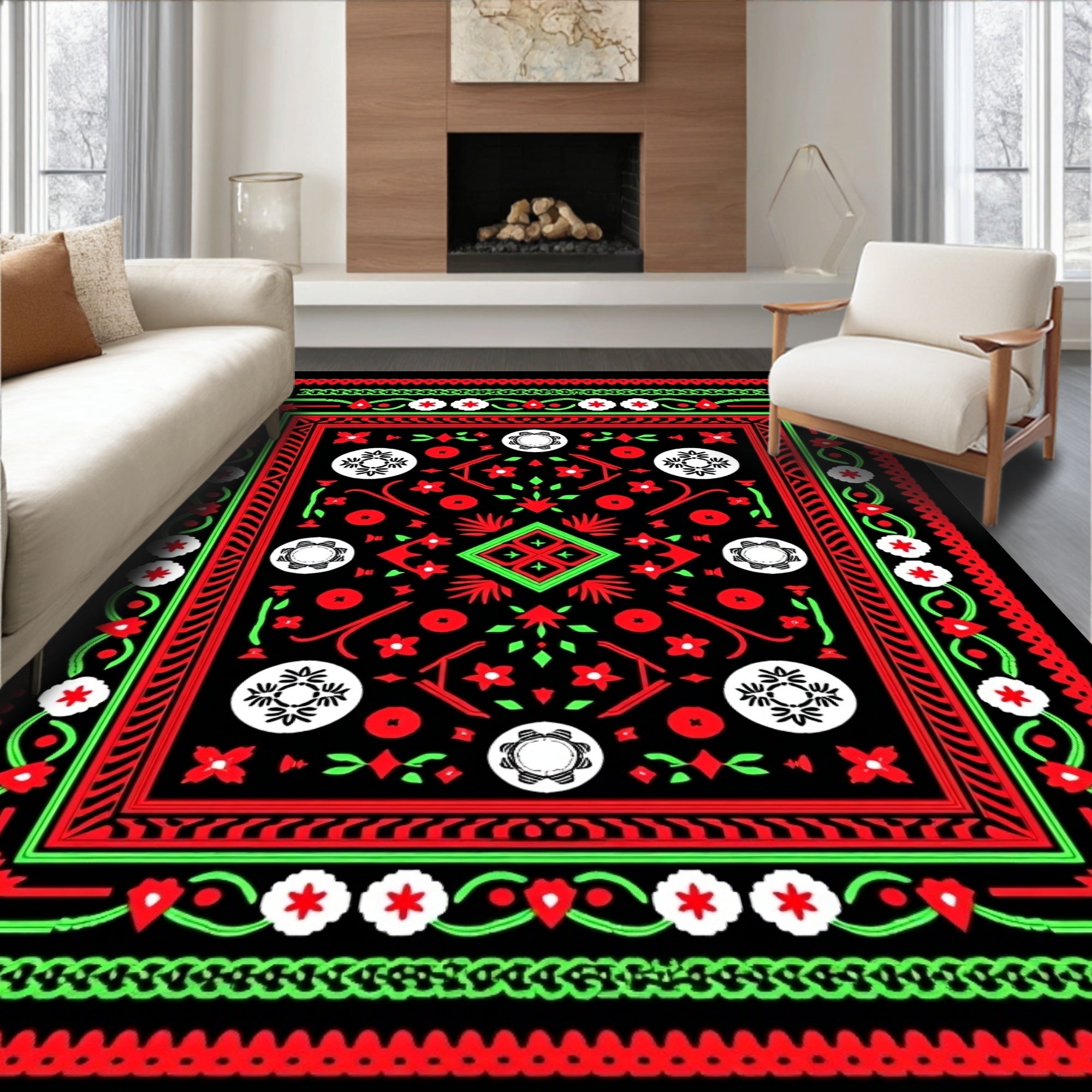 Bold Red Green Folk Mandala Rug