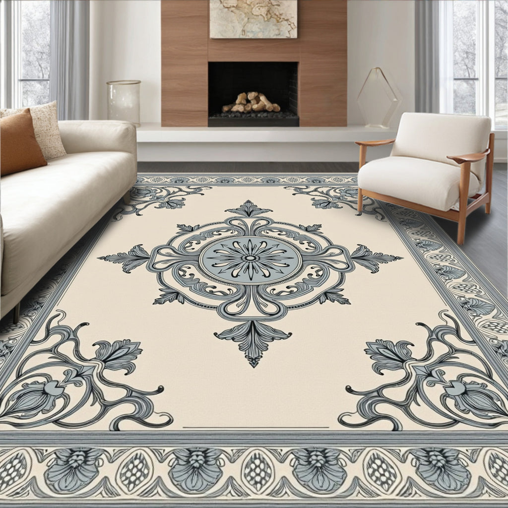 Pale Cream Blue Floral Medallion Border Rug