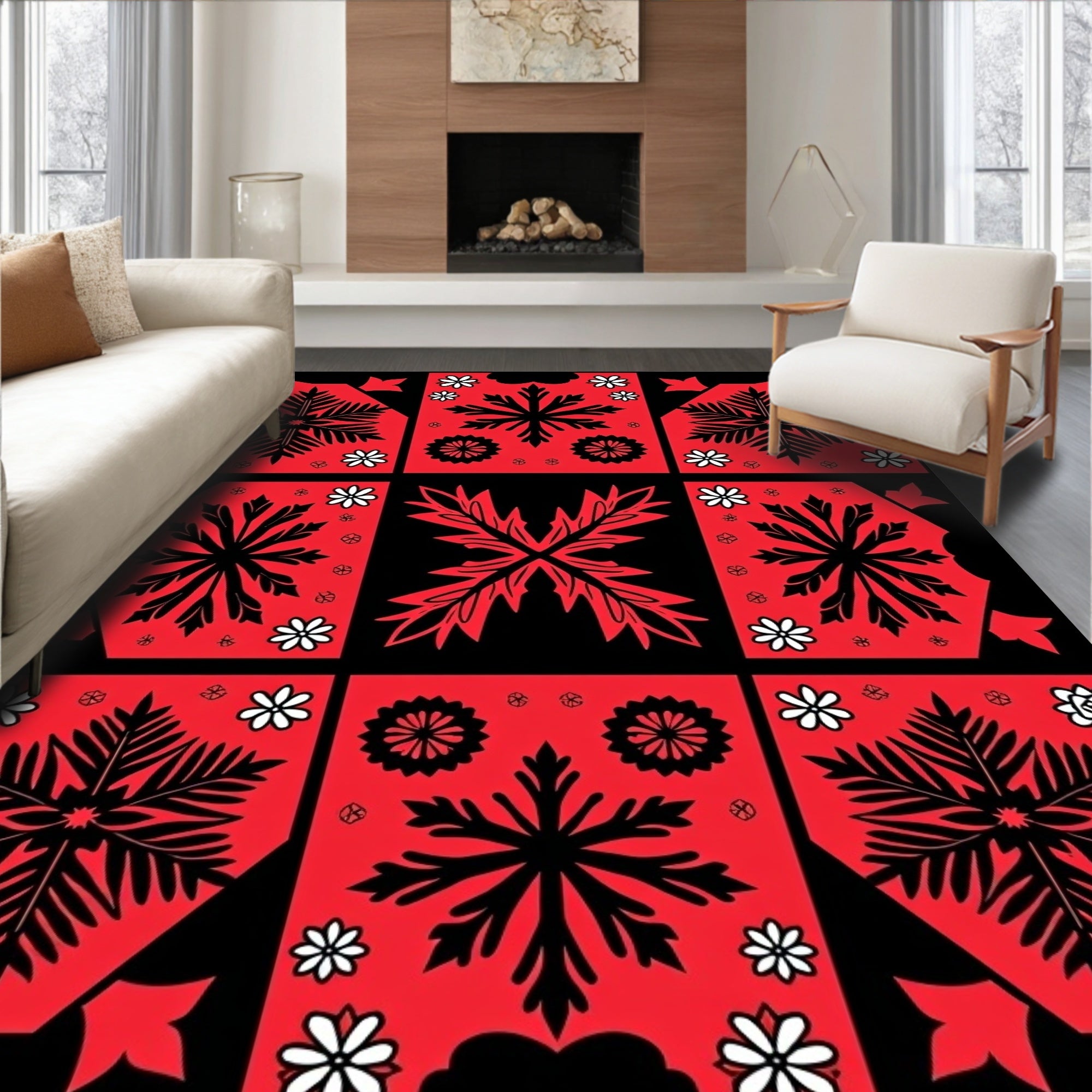 Bold Red Black Floral Medallion Arrangement Rug
