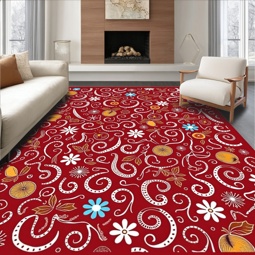 Red Floral Fruit Swirl Tapestry Rug