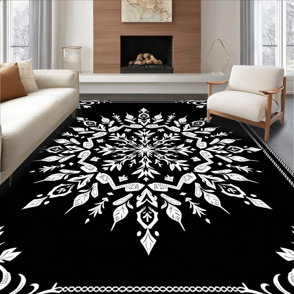 Black and White Floral Mandala Rug