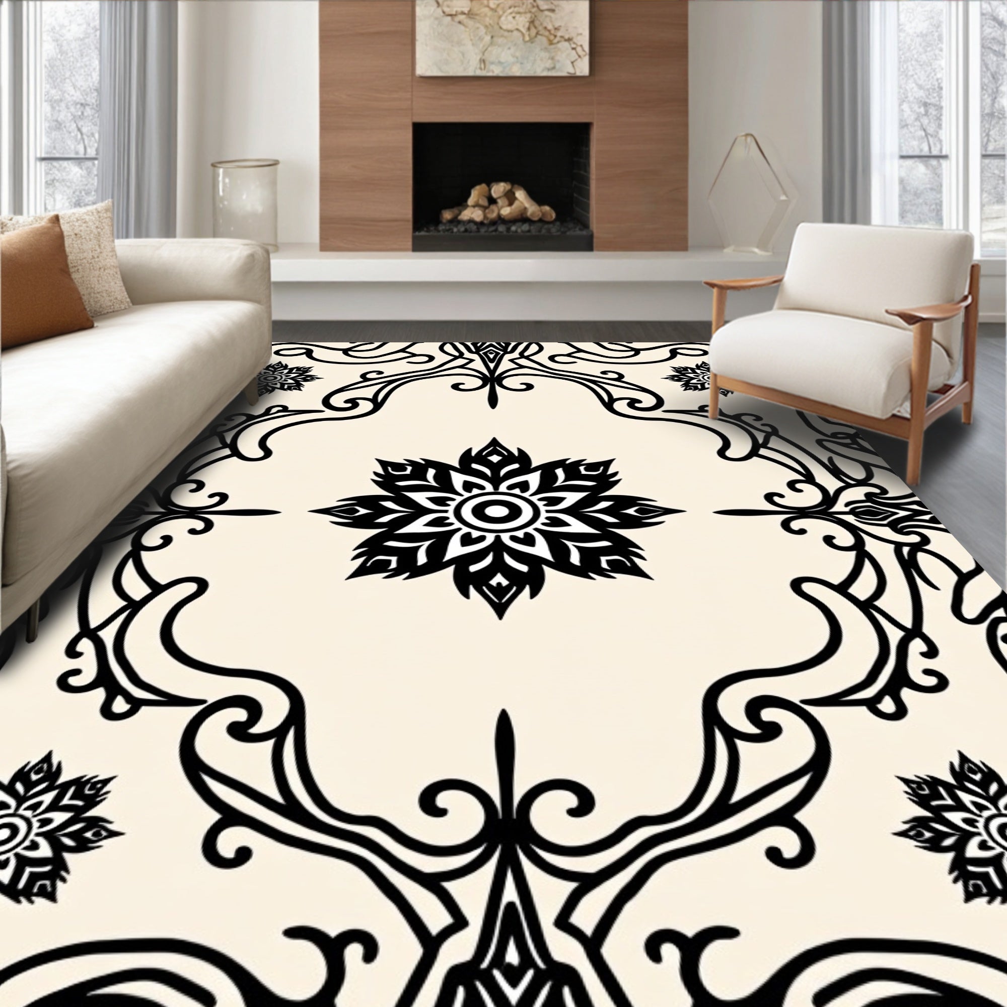 Black Floral Medallion Cream Rug