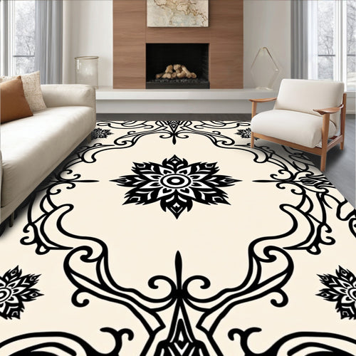 Black Floral Medallion Cream Rug