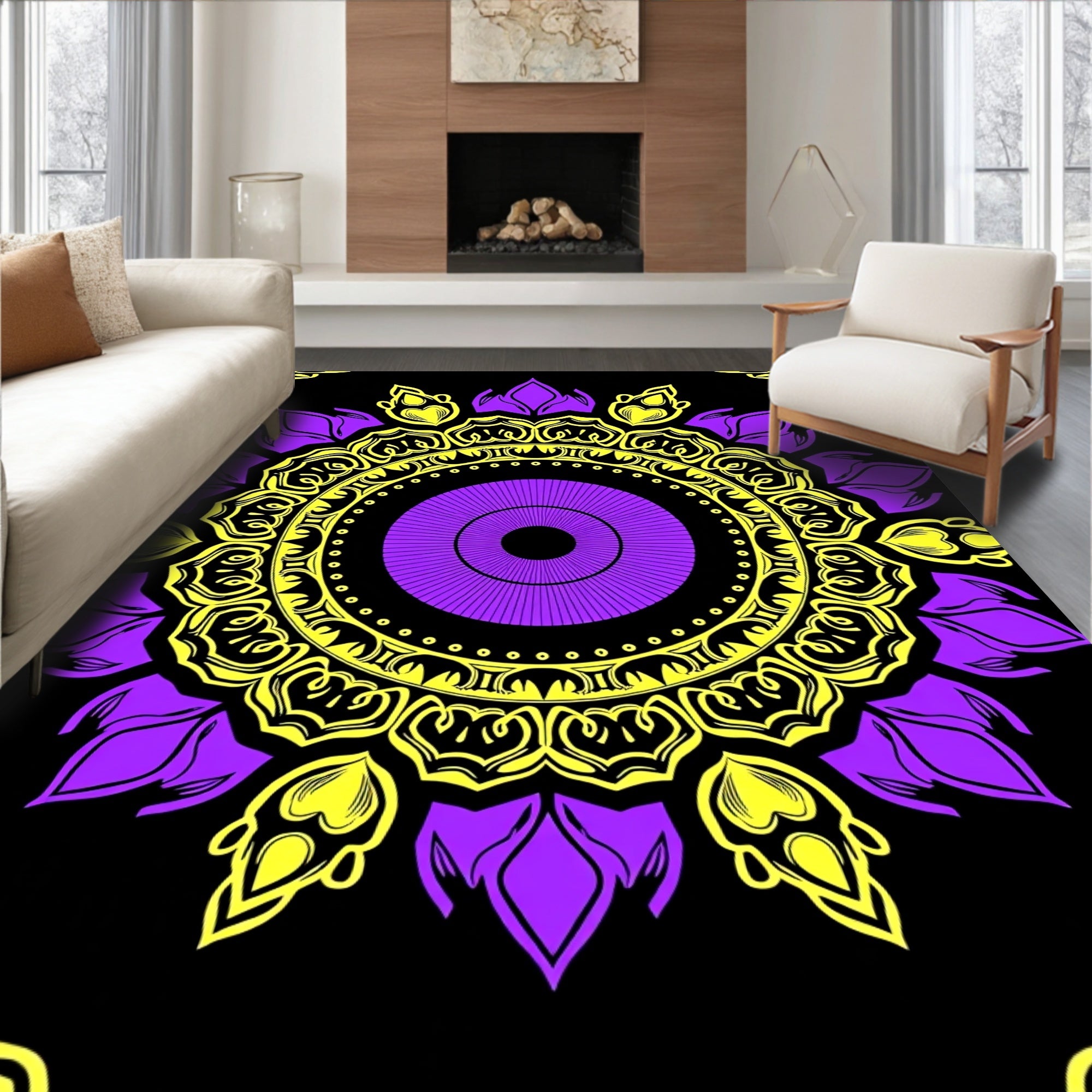 Vibrant Purple Yellow Mandala Art Rug